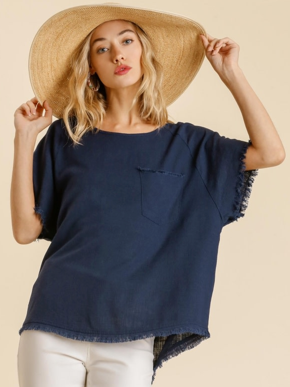 Linen Blend Round Neck Short Sleeve Top with Chest Pocket Navy
