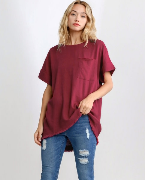 Linen Blend Top with Cuffed Sleeves and Frayed Hemline Crimson S
