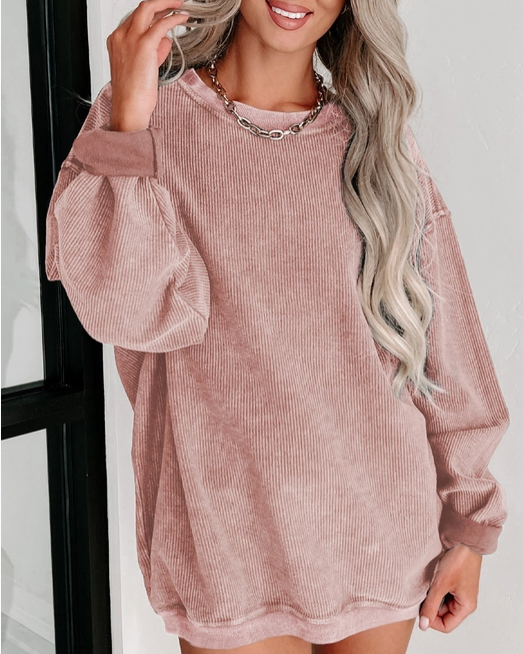 Solid Ribbed Knit Round Neck Pullover Sweatshirt