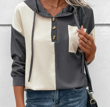 Waffle Colorblock Buttons Placket Drop Shoulder Drawstring Hoodie