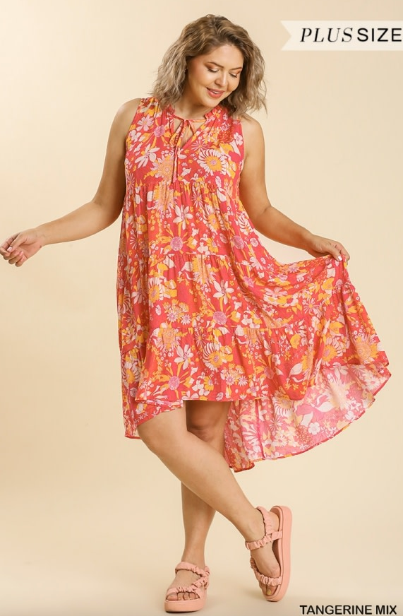 Mixed Floral Print Sleeveless Tie Front Midi Dress Tangerine Mix