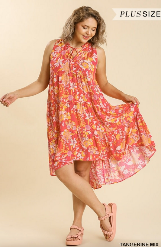 Mixed Floral Print Sleeveless Tie Front Midi Dress Tangerine Mix