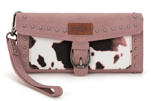 Wrangler Western Cow-Print Tri-fold RFID Wallet/Wristlet With Detachable Credit Card Holder - Pink