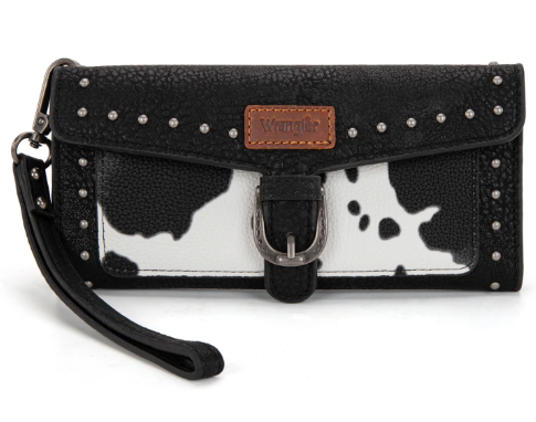Wrangler Western Cow-Print Tri-fold RFID Wallet/Wristlet With Detachable Credit Card Holder - Black