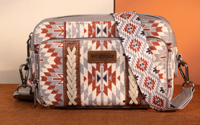 Wrangler Southwestern Pattern Dual Sided Print Crossbody Purse With Wallet Compartment - Grey