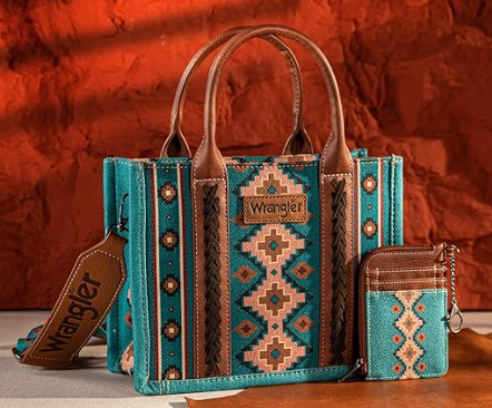 Wrangler Aztec Small Tote/Crossbody and Card Case Set 2Pc- Turquoise