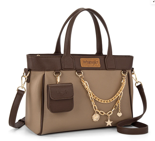 Wrangler Color Block Tote with Chain Charm & Mini Pouch - Coffee