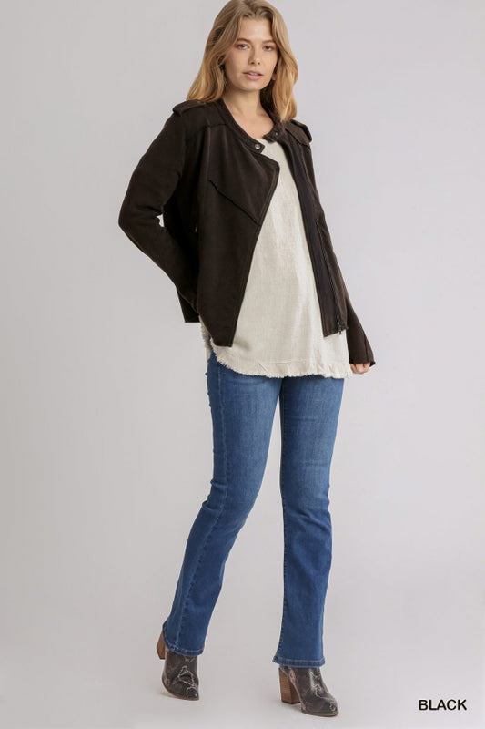 French Terry Zip-Up Moto Jacket Black