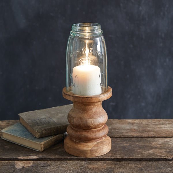 Wooden Candle Holder with Mason Jar Chimney Quart