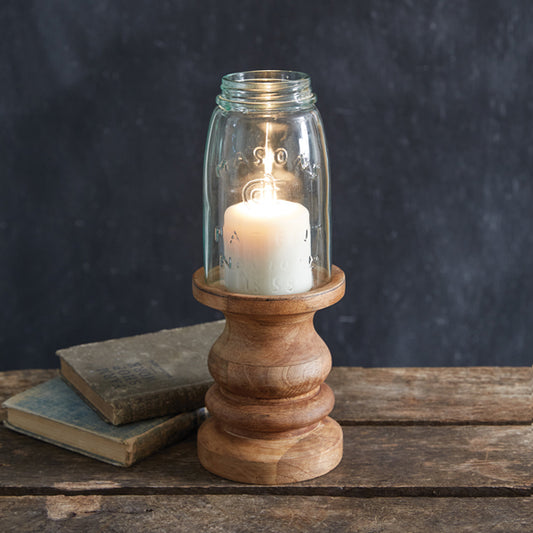 Wooden Candle Holder with Mason Jar Chimney Quart