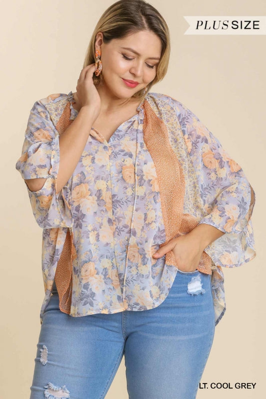 Mixed Sheer Flow Cape Top Lt. Cool Grey 1XL