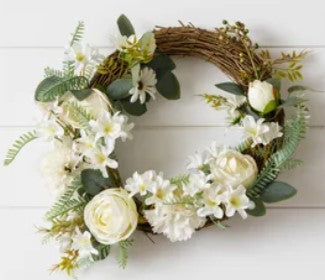 Wreath - Twig, White Roses, Carnations