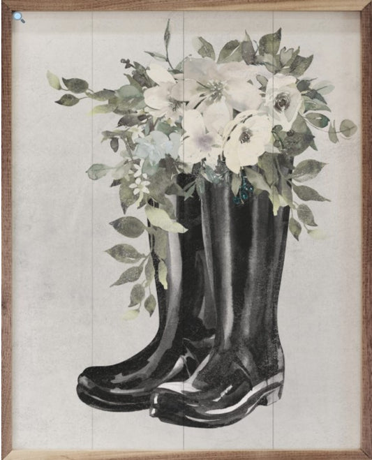 Boots with Flowers White 16"x20"